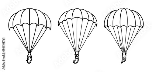 Parachute set with stylized descending icon illustrating emergency rescue featuring parachute, sky, silhouette with gradient and lines