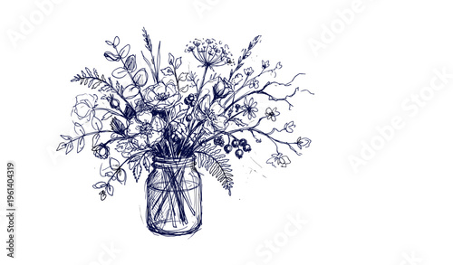 Hand-drawn floral sketch in a jar with detailed botanical elements