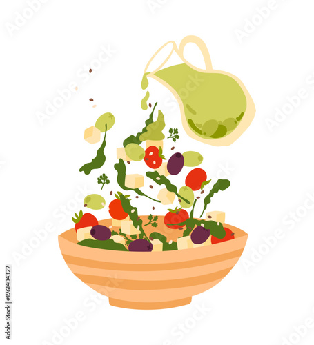 Vegetarian bowl of salad. Hand drawn vector illustration of mixed greens, tomatoes, cheese pieces, olives and oil. Graphic element for design isolated on white background.
