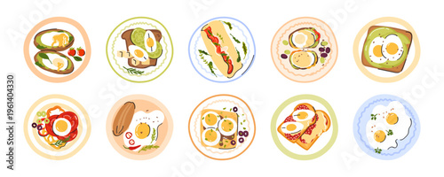 Various healthy breakfast plates set. Cooked, fried, boiled, fluffy egg, scrambled omelette and egg sandwich. Vector illustration isolated on white.