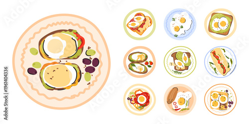 Various delicious breakfast plates set. Healthy eggs dishes collection. Cooked, fried, boiled, fluffy egg, scrambled omelette and egg sandwich. Vector illustration.