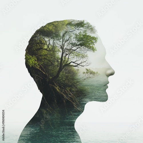 Double exposure man profile with tree growing in head and roots