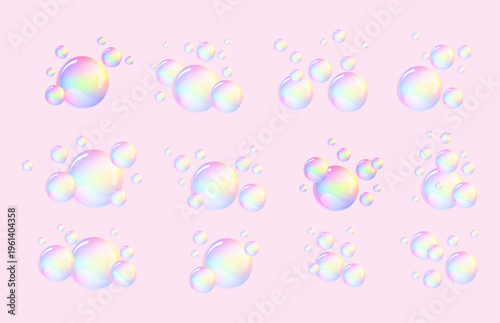 Fizzing pink air and water bubbles set with sparkling effect. Transparent bubble gum and collagen bubbles vector.