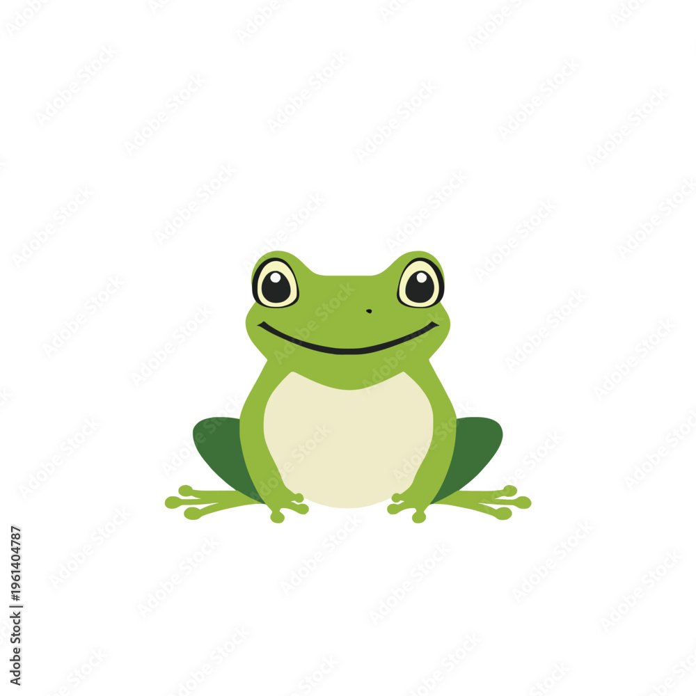Fototapeta premium Cartoon Frog Illustration - Green Amphibian Sitting, Cute Smiling Face, Isolated on White Background, Simple Graphic Style, Children's Design Element, Nature Icon, Animal Mascot Vector