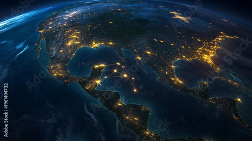 Vibrant night view of Earth planet showcasing urban areas and landscapes from space