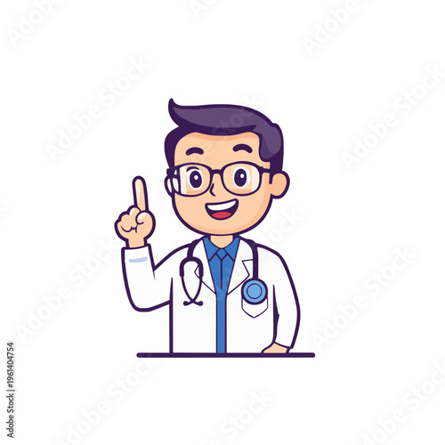 Cartoon Doctor Idea. Smiling Doctor with Index Finger Pointing Up - Healthcare Professional Giving Advice, Medical Cartoon Character Illustration in White Coat, vector design for medical publications