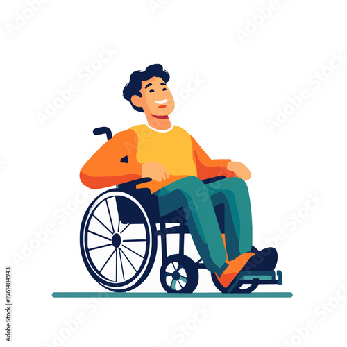 Man Wheelchair Smiling Happy. Person with Disability Expressing Joy and Positive Emotions in a Colorful Illustration style. Health and Inclusion concept for posters, banners, and social media use