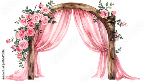 Watercolor illustration of a wooden arch draped with pink curtains and floral arrangements
