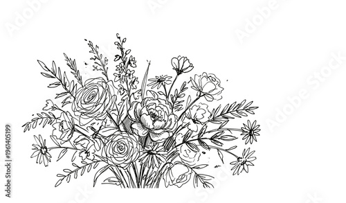 Intricate black and white floral bouquet illustration with diverse flowers and leaves