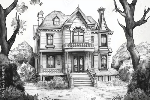 Victorian mansion, a gothic house illustration on a gloomy day