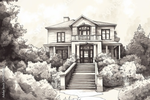 Hand-drawn illustration of a large traditional house with columns and porch