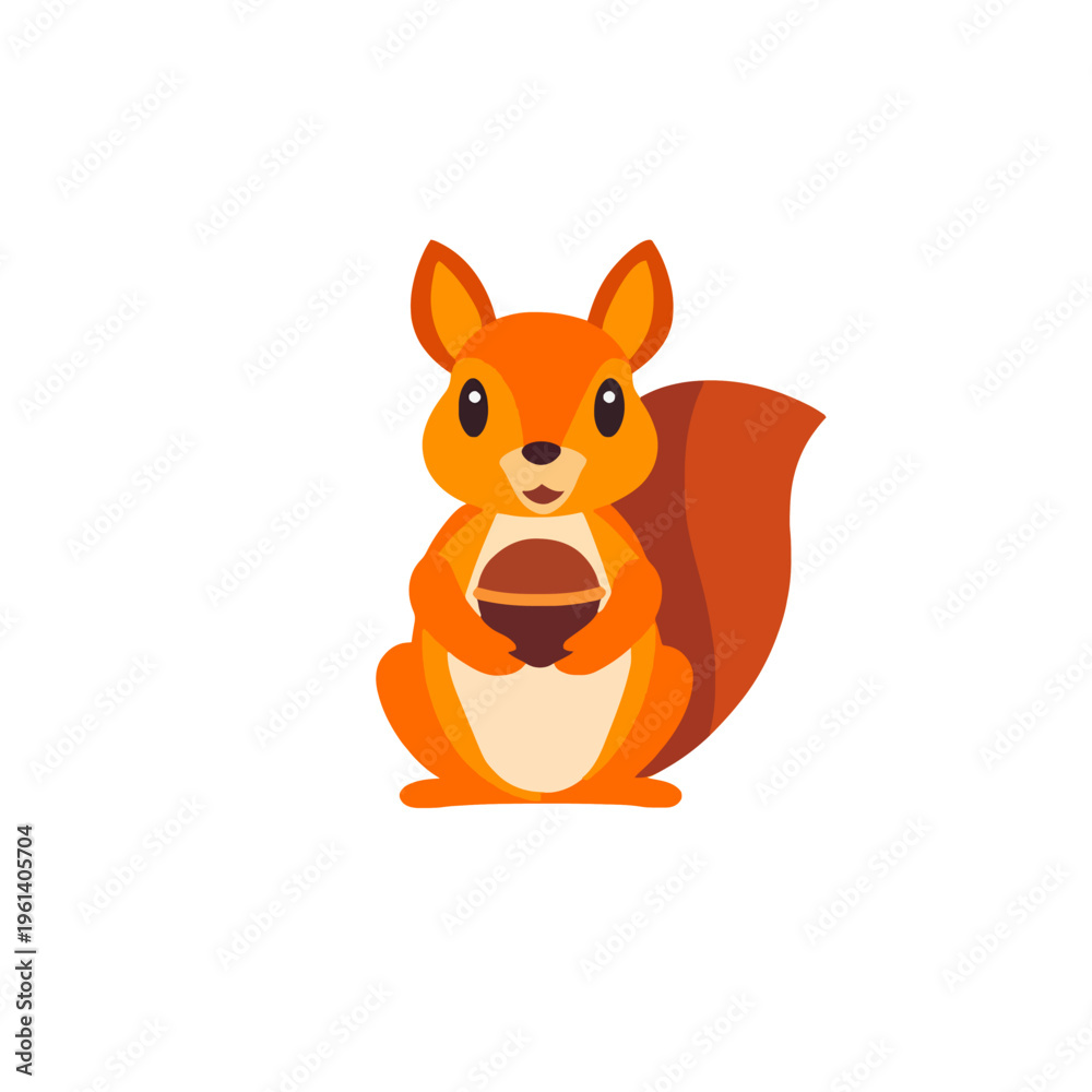 Obraz premium Cartoon Squirrel Holding Acorn. Cute Orange Squirrel Illustration. Flat Vector Design for Children's Books and Educational Material. Animal Mascot with Big Eyes on White Background.