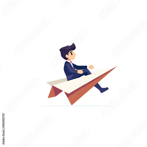 Businessman Paper Airplane Fly Success - Cartoon Man Flying on Paper Plane, Business Vision, Career Growth, Leadership, New Opportunities, Innovation, Business Strategy, Papercraft