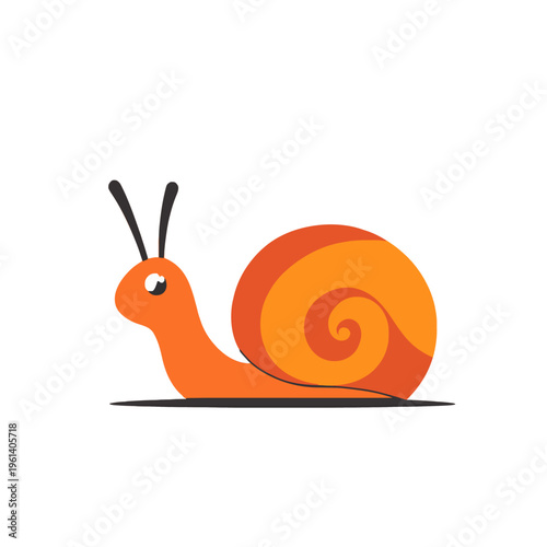 Orange Snail Cartoon Illustration, Cute Slow Crawl, Simple Design. Happy Snail moving slowly, with spiral shell, isolated on white background. Children's Book character. Vector art.