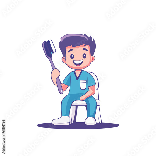 Cartoon Dentist with Toothbrush Sitting On Chair Illustration - Kid Friendly Dental Hygiene Concept, Smiling Boy in Scrubs, Healthy Teeth Care, Pediatric Dentistry Icon, Happy