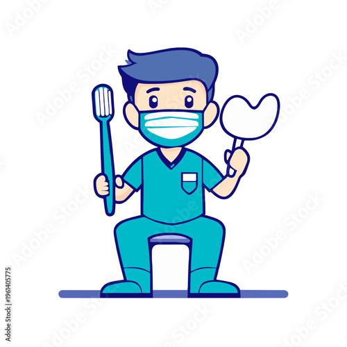 Cartoon Dentist Holding Toothbrush, Mirror - Dental Care, Medical Professional, Oral Hygiene, Clean Teeth. Cheerful Hygienist in Scrubs Sitting Ready for Exam. Vector Illustration. (200 Chars)