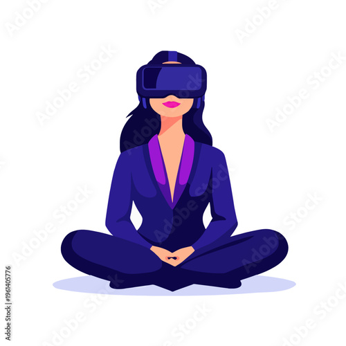 Woman VR Headset Meditation. Virtual Reality Experience in Lotus Position. Digital Wellness and Modern Mindfulness. Peaceful Female with Futuristic Tech for Calm, Stress Relief and Focus.