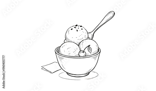 Hand-drawn bowl of ice cream with spoon and napkin