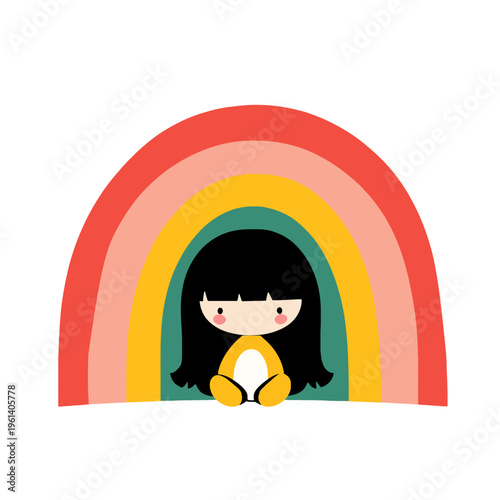 Kawaii Girl Rainbow Illustration. Cute Anime Child under Colorful Arc. Minimalist Design for Nursery Decor, Children's Fashion and Kid's Products. Cartoon Style Graphic for Positive Vibes
