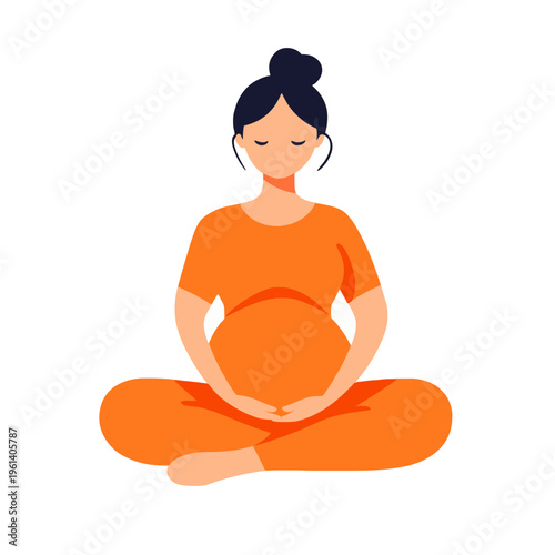 Pregnant Woman Meditation. Prenatal Yoga Pose. Calm Expectant Mother Meditating in Lotus Position for Relaxation and Wellbeing. Mindfulness for Healthy Pregnancy. Flat Cartoon Vector Illustration.