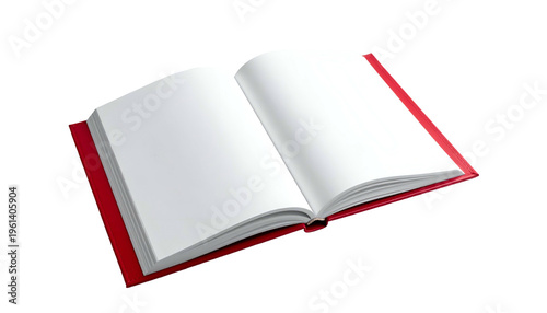 An open book, red cover, tilted slightly with blank white pages