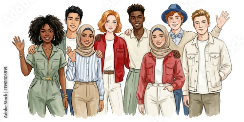 Diverse group of happy young friends standing together in casual fashion, multicultural community illustration. Inclusive community of multiethnic professionals, students smiling, diversity, inclusion