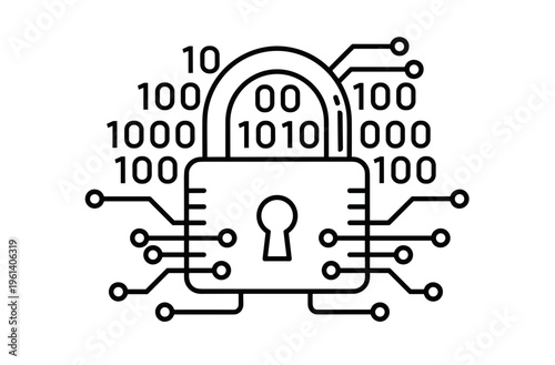 Digital padlock with binary code and circuit lines in minimal style  