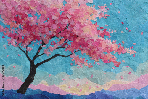 A cherry blossom tree crafted from torn paper scraps stands against a blue sky, its pink petals drifting through the air above colorful, layered hills in this tactile and expressive collage