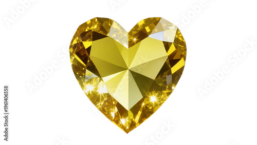 Brilliant yellow heart shaped diamond gemstone sparkling and faceted, isolated on transparent background for jewelry design