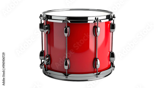 A shiny red snare drum with chrome hardware against a black background