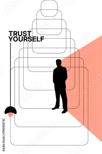 Silhouette of confident businessman trusting himself in maze concept with motivational quote