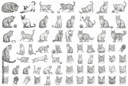 large collection of [YOUR SUBJECT], pencil sketch style, multiple variations and poses, consistent style, clean white background, graphite shading, high detail, organized layout, stock illustration sh