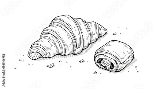 Hand-drawn croissant and pain au chocolat with crumbs on white background