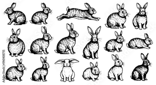 Big collection of rabbit sketches. Transparent background SVG version.