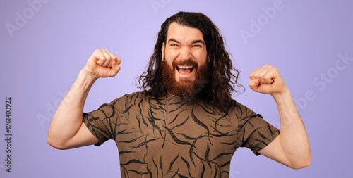 Tableau sur toile Triumphant Man With Raised Fists Cheering, Startup Founder Celebrating Personal