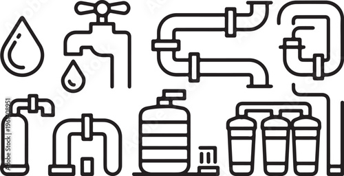 A collection of black and white line art icons representing plumbing and water filtration systems Vector