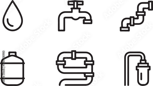 A collection of simple black and white line art vector icons representing water and plumbing tools Vector