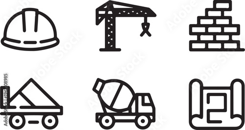 A collection of black and white line art icons representing various construction industry elements Vector