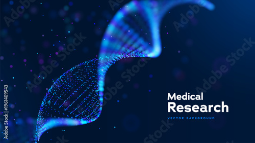 Medical Research Abstract Background With DNA Helix Made Of Glowing Particles And Data Flow. Biotechnology And Science Innovation Concept. Medical Researches And Genetic Analysis. Vector Illustration.
