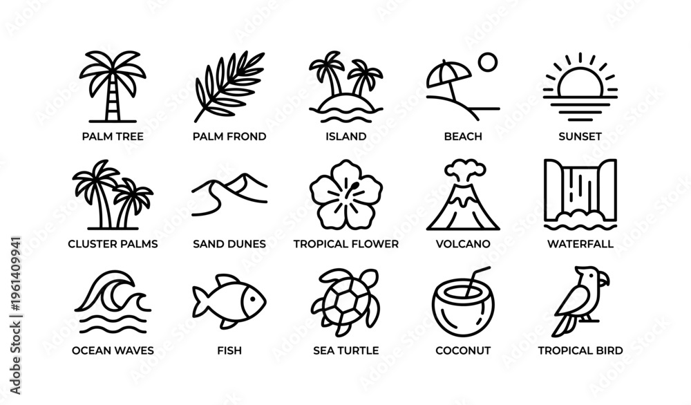 Obraz premium Tropical nature icons collection: palm tree, beach, volcano, waterfall, tropical bird