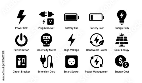 Set of energy and power icons: power bolt, battery levels, energy bulb, solar and renewable power symbols