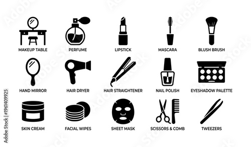 Essential beauty tools: makeup table, perfume, lipstick, mascara, and more icons