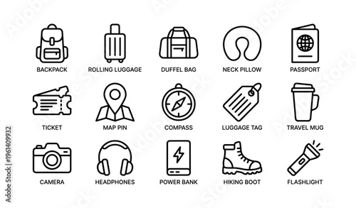 Travel essentials icons: backpack, luggage, passport, camera, headphones