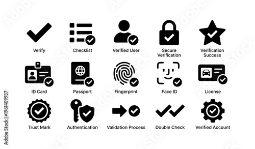 Verification icons set featuring security and authentication symbols