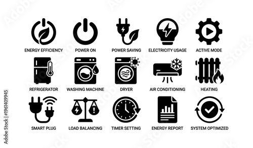 Home appliance energy icons for efficiency and power management