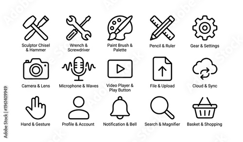 Set of icon designs representing tools, settings, media, and communication