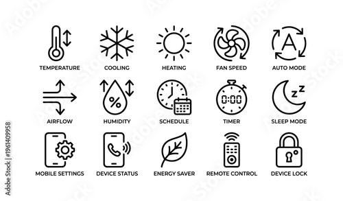 Home climate control icons set displaying temperature cooling and heating options