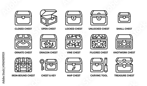 Illustration of various treasure chests with labels displayed