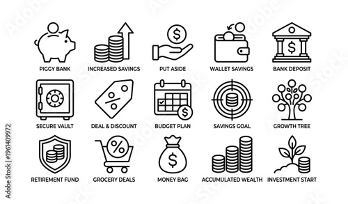 Financial planning icons: savings, investments, budgeting, security, growth