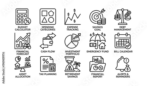 Financial management icons: budget, savings, debt, investment, planning